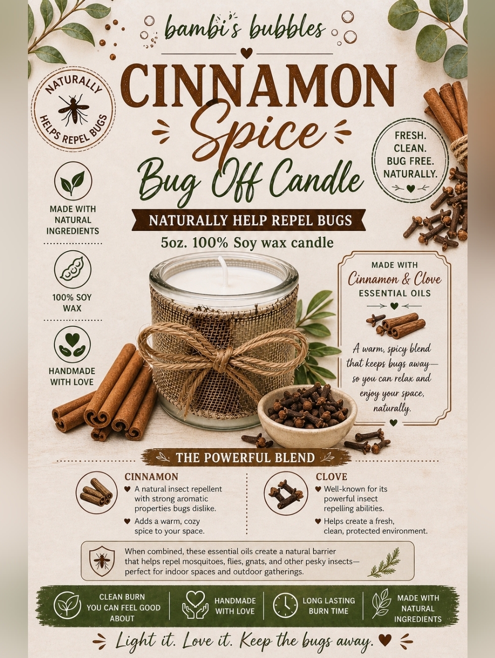 New! Cinnamon Spice Hand Crafted Bug Off Soy Wax 5oz Candle